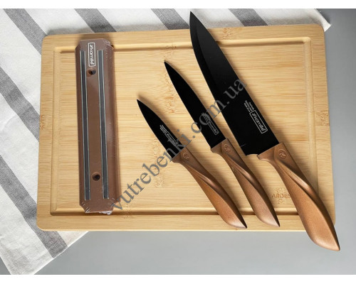 Набір ножів Kamille 4 пр. (3 ножа на магнітній планці) коричнева ручка