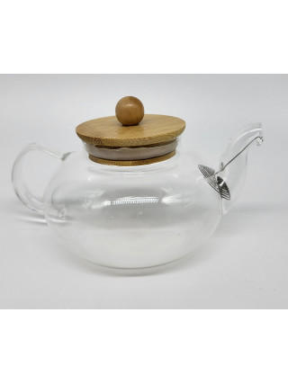 Заварник скляний 600 мл KV з пружиною-ситом та бамбуковою кришкою