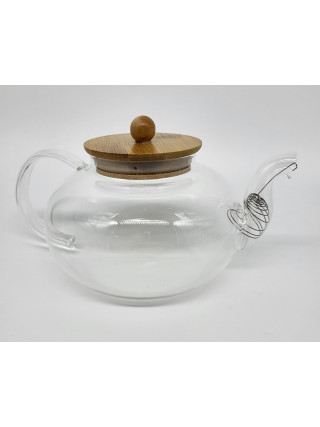 Заварник скляний 800 мл KV з пружиною-ситом та бамбуковою кришкою