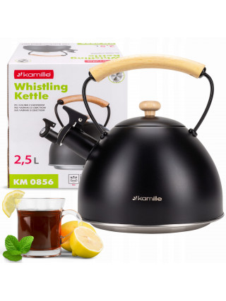 Чайник Kamille 2,5 л, з нержавіючої сталі зі свистком, індукція, чорний
