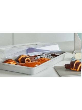 Тортівниця пластикова прямокутна 44*30*9,5 см з кришкою на 4-х защіпках (какао/прозора)