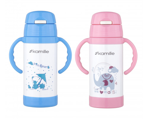 Термос-бутилка дитяча Kamille 350 мл., з ручками і трубочкою (рожевий, зелений, блакитний)