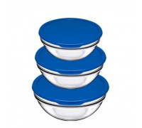 Набір салатників Pasabahce Шефс d-14 см, d-17 см, d-20 см., з синьою кришкою