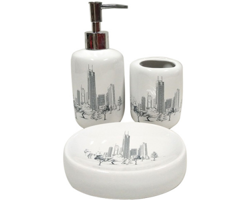 Набір аксесуарів для ванної кімнати S&T Місто 3 предмети (мильниця, стакан для зубних щіток, дозатор для мила)
