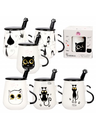 Кружка з кришкою та ложкою 440 мл. S&T Кішки