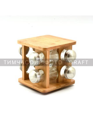 Набір ємностей для спецій на підставці Ardesto Midori, 9 предметів, 80мл, 19x19x15.5см, бамбук, нержавіюча сталь, скло, пластик