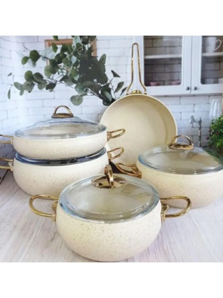 OMS Набір посуду GRANITE з 9 предм. (а/п покр, кр.скло, ручки сталь, чорний/бронза) (2,5л/4,5л/6,6л/3,5л/3,5л)-індукція