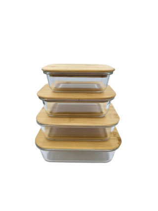 Харчовий контейнер скляний VITTORA 1040 мл з дерев'яною кришкою, прямокутний 