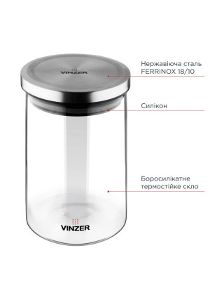 Ємність для зберігання продуктів скляна VINZER 0,75 л. 9.5*9.5*15.7 см.