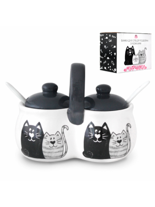 Банка керамічна S&T "Мурчики" подвійна 16*9,5*11,5 см. (2*300 мл.) з 2 ложками 