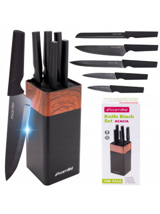 Набор ножів Kamille Acacia Black з 5 кухонних ножів + підставка чорний квадрат