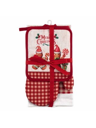 Подарунковий набір для кухні Ardesto Christmas Gingerbread, 3шт, 100% бавовна (рушничок), 100% поліестер (прихватки), червоний
