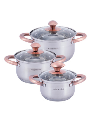 Набір каструль Kamille 6 пр. (каструлі: 1,0 л., 1,5 л., 2,0 л.) золоті тоновані ручки