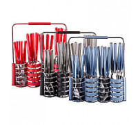 Набір столових приборів Kamille 25 пр. з пластиковими ручками на підставці (синій, сірий, червоний)