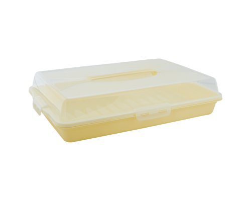 Тортівниця пластикова прямокутна 44*30*9,5 см з кришкою на 4-х защіпках (жовта/прозора)